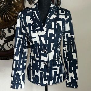 Paperwhite by Anthropologie Woman’s Blue White Geometric Single Breast Blazer 8
